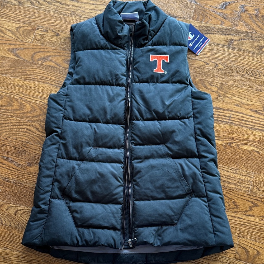 Black  Champion Puffer Vest with Tennessee Orange Logo small